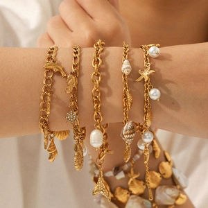 Ocean Charm Bracelet Stainless Steel Gold Plated Shell Starfish Artificial Pearl Summer Beach Vacation Bohemian Jewelry For Women