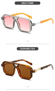 Detail view of double bridge sunglasses in leopard tea and gray pink color variants