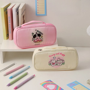 Cartoon Dog Bunny Large Capacity Pencil Case Canvas Nylon Portable Handle Zipper School Office Stationery Organizer