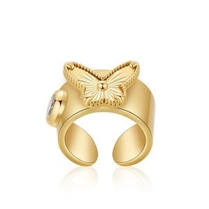 Macro detail of 18K gold plated butterfly ring with sparkling zircon and teardrop crystal
