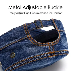 Navy denim military cap with adjustable bronze buckle and yellow stitching detail