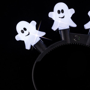 Close-up of LED Halloween headband featuring glowing white ghosts and a power switch