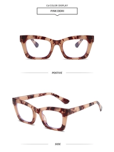 Detail view of pink demi square frame glasses showing front and side profile perspectives