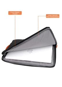 Detail view of laptop sleeve with plush grey lining and vibrant orange accents