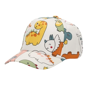 White kids baseball cap with colorful cartoon dinosaur prints for sun protection