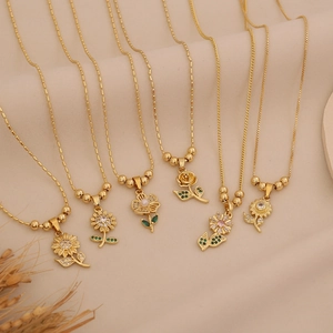 Gold Plated Copper Sunflower Rose Flower Pendant Necklace Cubic Zirconia Imitation Artificial Pearl Clavicle Chain Jewelry For Women