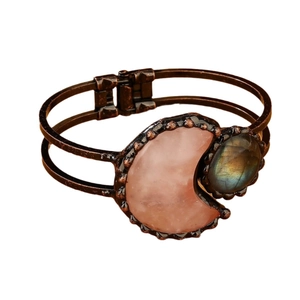 Vintage bronze bangle with rose quartz moon and labradorite stone for women
