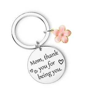 Stainless steel keychain for Mom with engraved round tag and a pink enamel flower charm