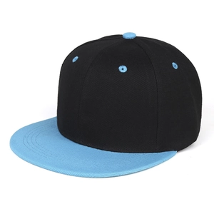 Flat brim snapback hat in black and sky blue twill cotton with side eyelets detail