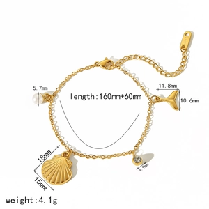 Gold stainless steel ocean bracelet with shell and pearl charms with dimensions
