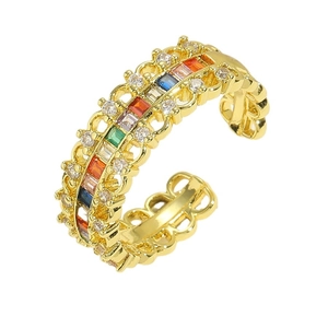 Minimalist gold open ring with hollow filigree edges and colorful zircon gemstones