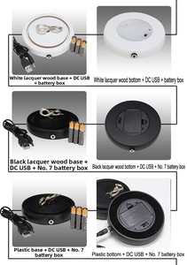 Macro view of LED light base options in wood and plastic with USB and battery power features