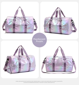Multi-angle view of pearlescent purple fitness bag with independent shoe compartment