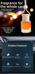 Detailed close-up of a car aromatherapy pendant with essential oils and a wooden cap