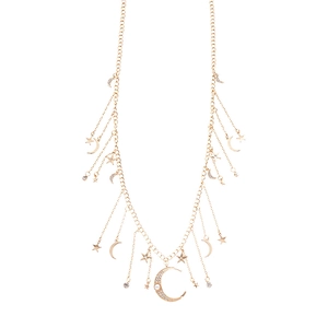 Golden metal star and moon tassel chain belt with faux pearls and rhinestone embellishments