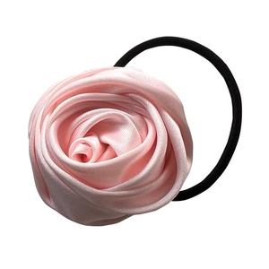 Elegant pink satin rose hair tie with high-elastic black rubber band for women