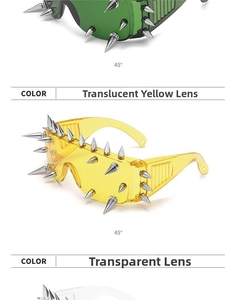 Detailansicht der Cyberpunk-Nietensonnenbrille mit gelben und klaren Gläsern im 45-Grad-Winkel
