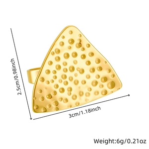 Macro shot of gold triangular ring with irregular texture and size measurement labels
