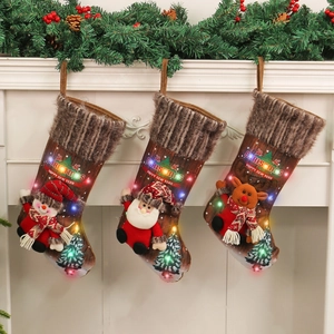 Light Up Christmas Stockings 3D Santa Snowman Reindeer Plush Hanging Ornaments Wood Grain Print Fireplace Decoration