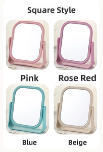 Collage of square wheat straw makeup mirrors in pink, rose red, blue, and beige colors