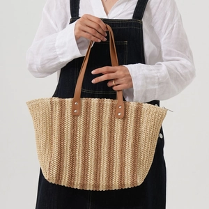 Handmade striped straw tote bag with brown PU leather handles and large capacity