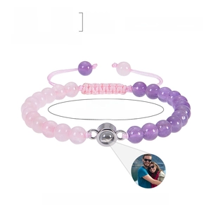 Adjustable natural pink and purple crystal bead bracelet with custom photo projection stone