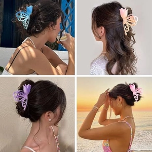 Collage of matte tulip hair claws in blue, pink, and purple for elegant updos