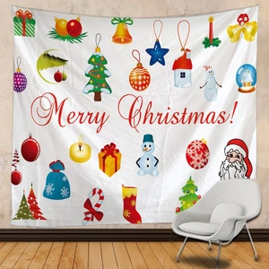Tapisserie murale de Noël festive avec Père Noël et motifs de fête sur fond blanc pur