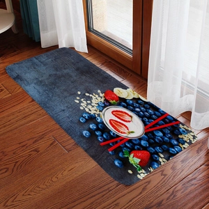 Detail of a rectangle flannel fruit mat with blueberry and yogurt print on wooden floor