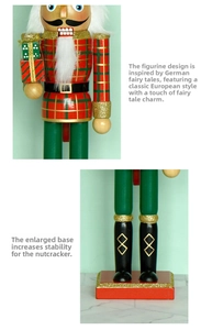 Macro detail of wooden nutcracker soldier featuring red plaid uniform and gold glitter accents