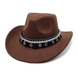 Chapeau Fedora Cowboy Western Large Bord Coton Polyester Feutre Avec Perles Turquoise Glands Et Pièces Métalliques Adultes