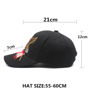 Black cotton baseball cap with eagle embroidery and 55-60cm adjustable size specifications