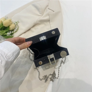 Sparkly black glitter box chain shoulder bag with silver hardware and hard shell design