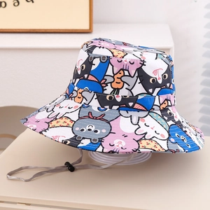 Detail of cartoon cat pattern on children sun hat with adjustable windproof drawstring