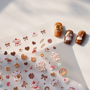3D embossed cartoon dog and dessert nail art stickers with relief texture on white background