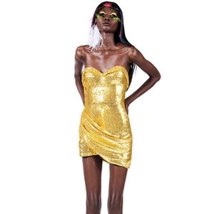 Detail of shimmering gold sequins on a strapless slim-fit mini dress for parties