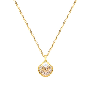 Luxurious gold stainless steel shell pendant necklace with white pearl and zircon accents