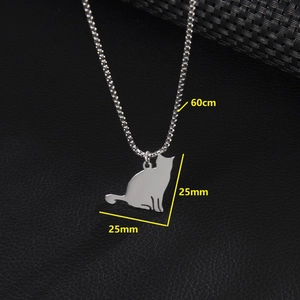 Silver stainless steel sitting cat silhouette pendant necklace with 60cm chain length