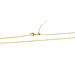 Detailed view of gold box chain necklace with adjustable slider and lobster clasp
