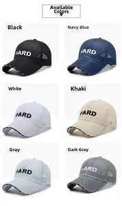 Collage showing breathable mesh baseball caps in black navy white khaki and gray