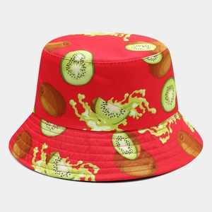 Detail of red bucket hat with kiwi print, durable fabric and clean stitching