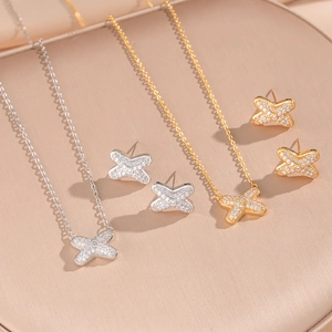 Elegant X Shape Necklace And Earrings Copper With Zircon Pave For Women Gold Plated Minimalist Luxury Design