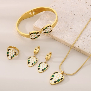 Golden stainless steel jewelry set with colorful enamel snake head pattern and snake chain