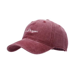 Retro washed burgundy baseball cap with white Dragon embroidery and vintage sun visor