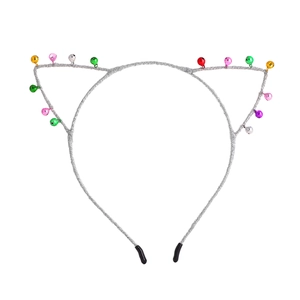 Close-up of a silver cat ear headband featuring various colorful hanging bells and protectors