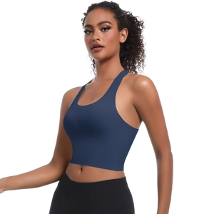 Détail du design dos nageur d'un soutien-gorge de sport bleu marine sans couture