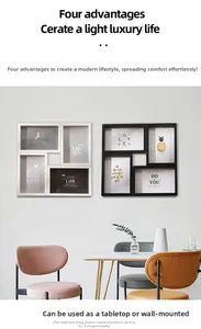 Modern black and white 4-slot photo frames showing tabletop and wall-mounted options