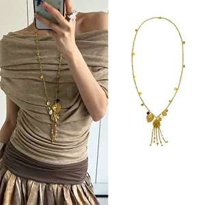 French Vintage Golden Alloy Shell Tassel Long Pendant Necklace Multi Element Vacation Jewelry For Women