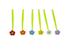 Row of six creative silicone pens featuring colorful flower tops and green leafy stems