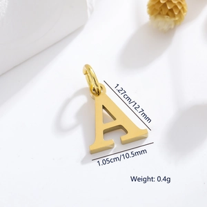 Detailed view of golden letter A pendant with size 12.7mm x 10.5mm and 0.4g weight